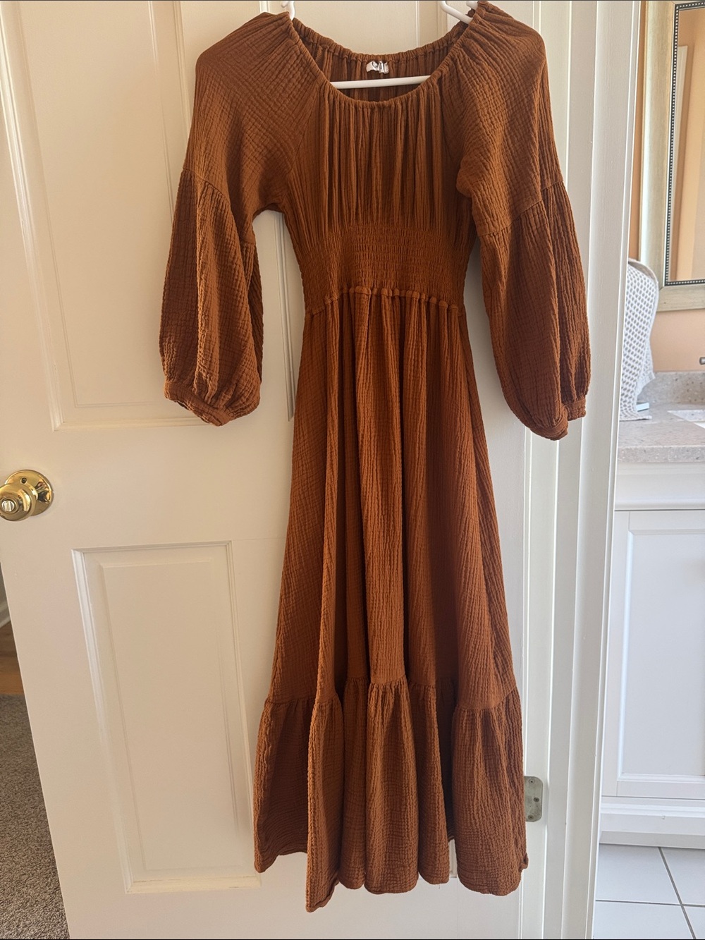 Women’s Maternity Maxi Dress in Rust Brown with Smocked Waist